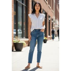 Modern Works Women Top M White Striped Ruffle Sleeve Button Up Office Preppy